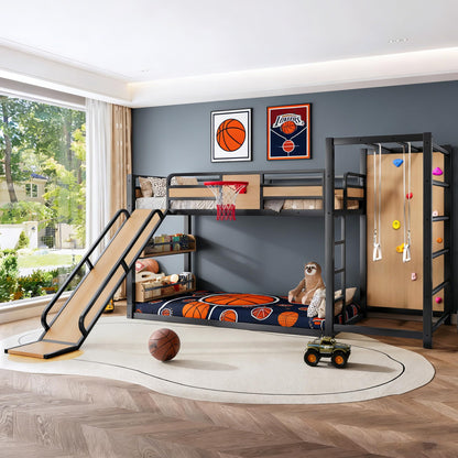 Bellemave Metal Twin Over Twin Bunk Bed Frame with Slide,Twin Size Floor Bunk Bed and Basketball Hoop,Pull-up Rings and Climbing Wall,Heavy Duty Bunk Beds with Bookshelves for Kids Girls Boys,Natural