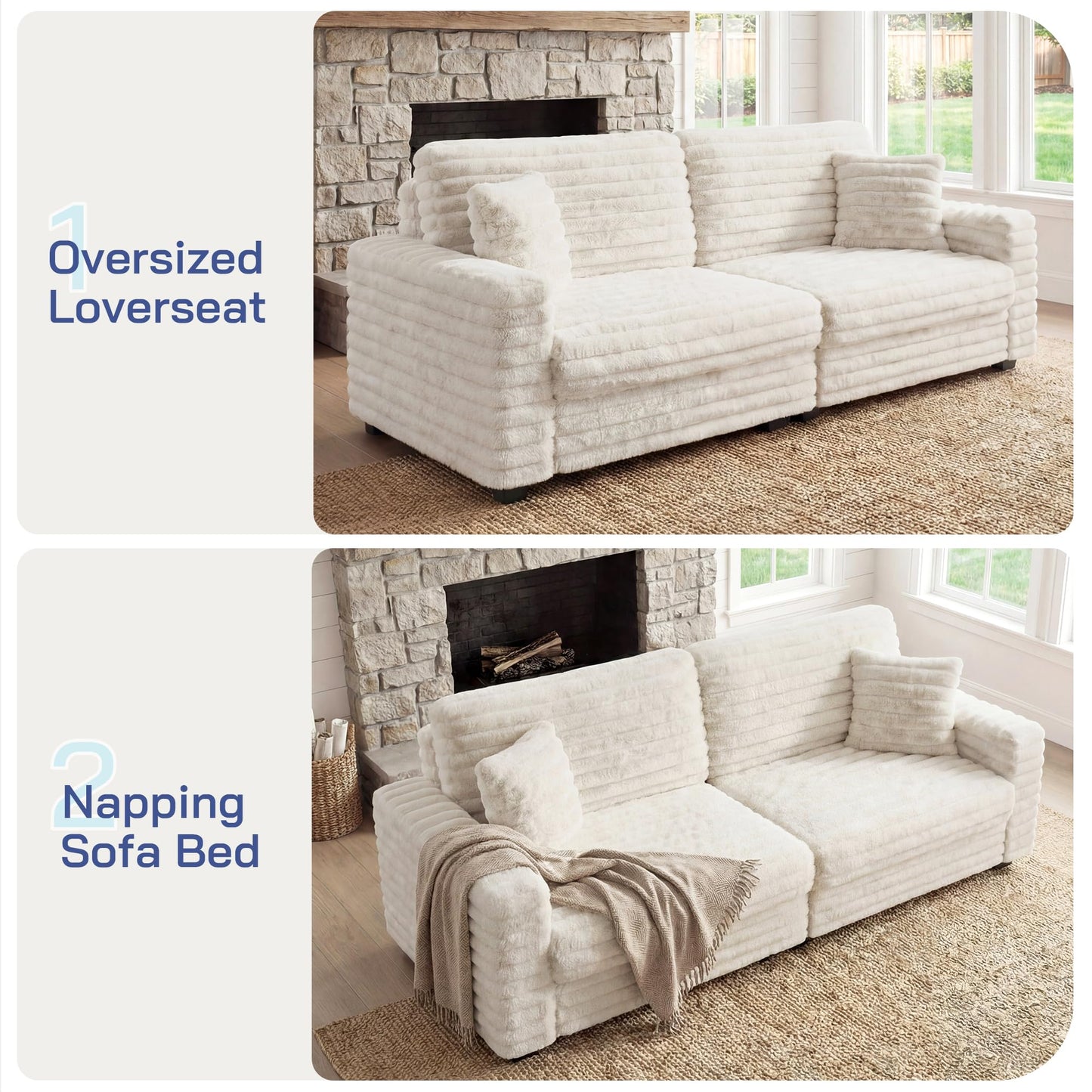 Leathaire Plush Corduroy Sofa, Faux Fur Corduroy Loveseat, Oversized Deep Seat Sofa with 2 Pillows, Apartment and Small Space Sofas, Beige