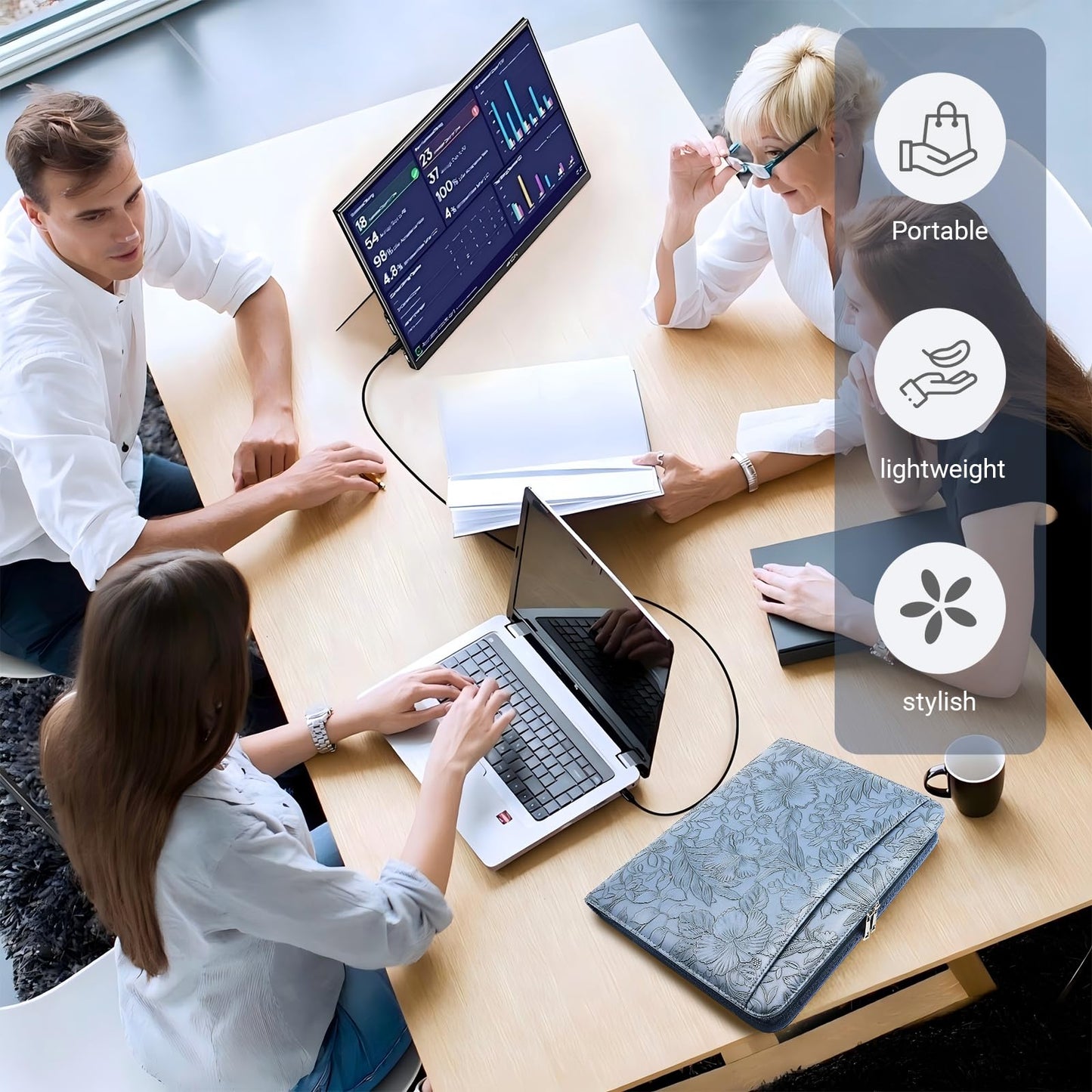 FORTAVEM Embossed Faux Leather Zippered Padfolio with 3 Ring Binder, Executive Portfolio Organizer Binder for Women, Fits 13.9" Laptop/Tablet, Refillable Writing Pad Pocket, Blue