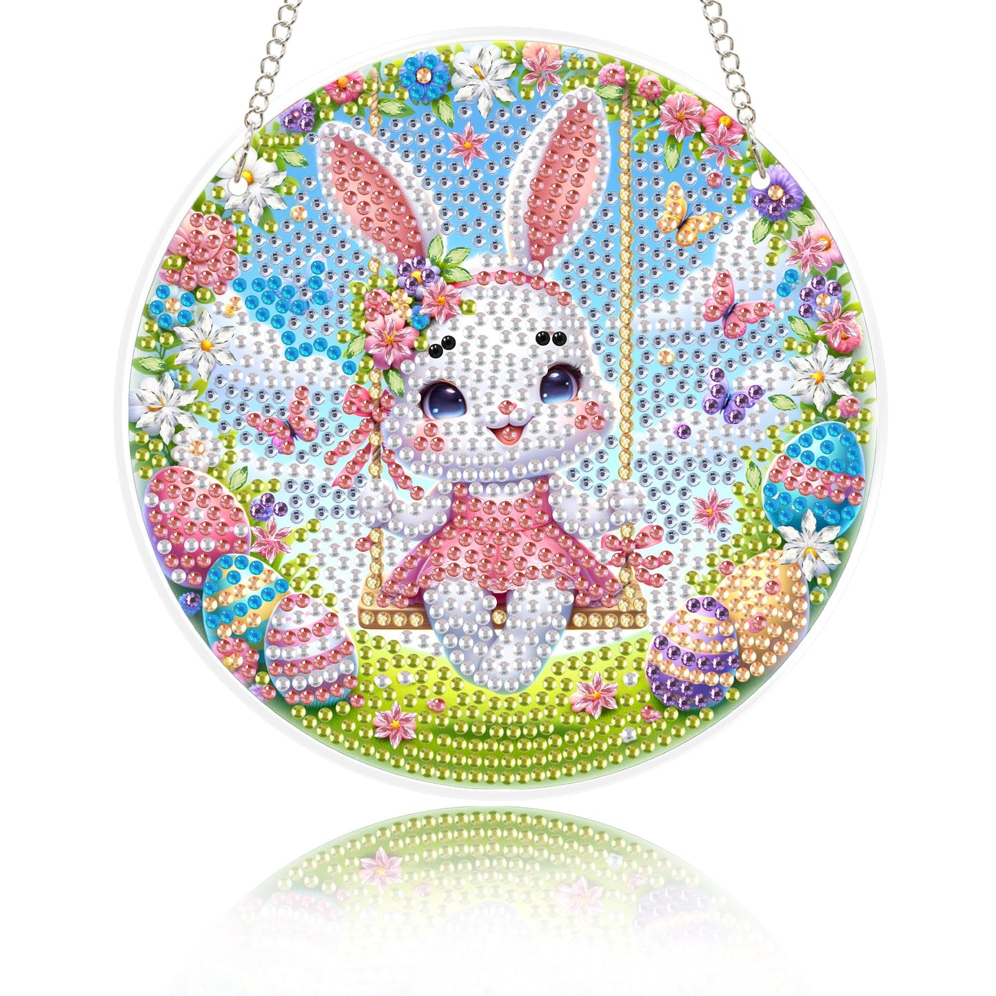 Eiflow Glass Diamond Art Kit Hanging Ornament, DIY Stained Glass Diamonds Painting Hanging Board Kit, Crystal Diamond Art Painting Easter Pendant Full Drill (Swing Bunny)