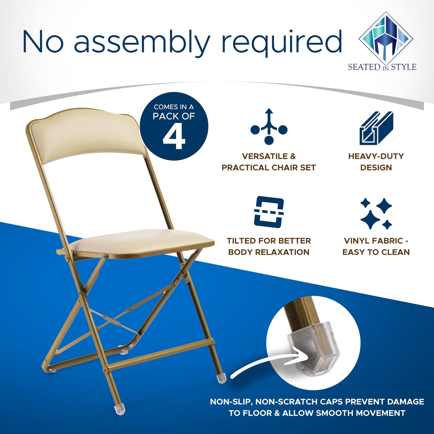 Premium Folding Chairs 4 Pack – Narrow 15” Seat, Padded Seat & Back – Folds Ultra Slim (~1 Inch) – Elegant Event Seating for Weddings, Parties & Dining Gold Frame Almond Vinyl