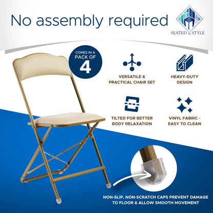 Premium Folding Chairs 4 Pack – Narrow 15” Seat, Padded Seat & Back – Folds Ultra Slim (~1 Inch) – Elegant Event Seating for Weddings, Parties & Dining Gold Frame Almond Vinyl