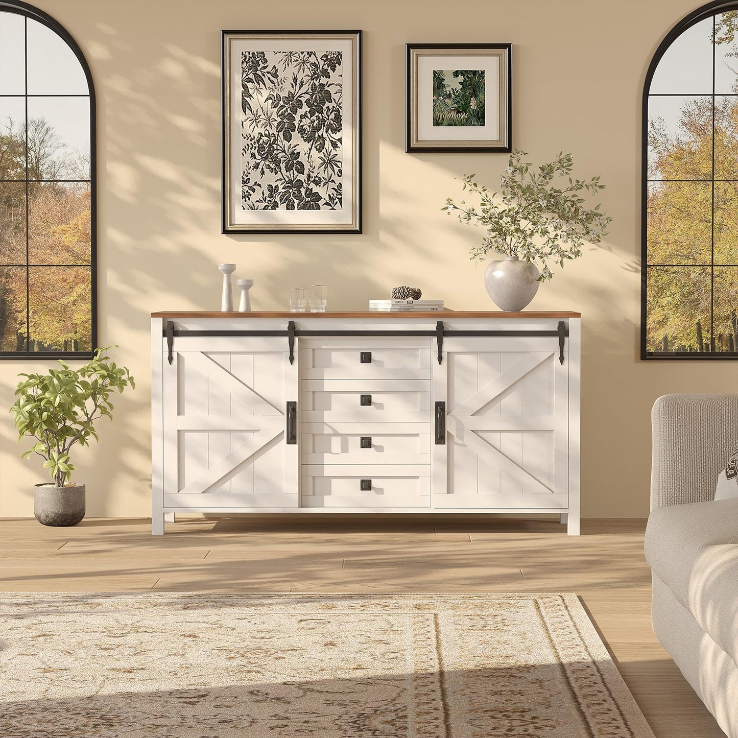 Garvee Farmhouse Sideboard Buffet Cabinet with Sliding Barn Doors & 4 Drawers, 60" Rustic Wood Kitchen Coffee Bar Storage Cabinet for Dining Room Living Room, TV Stand & Console Table