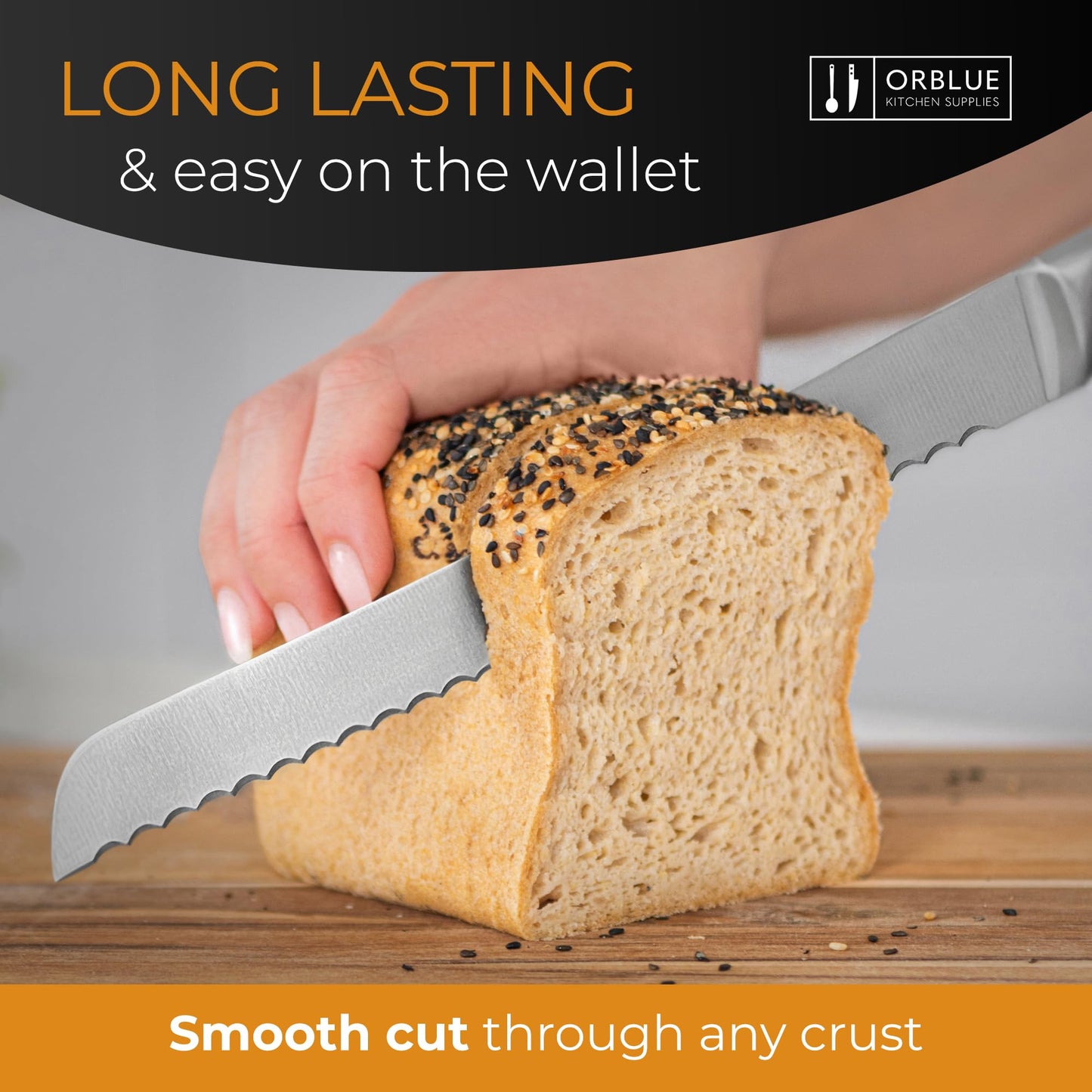 Orblue Serrated Bread Knife with 10-inch Upgraded Stainless Steel Razor Sharp Wavy Edge Width - Bread Cutter Ideal for Slicing Homemade Bagels and Cake, Orange