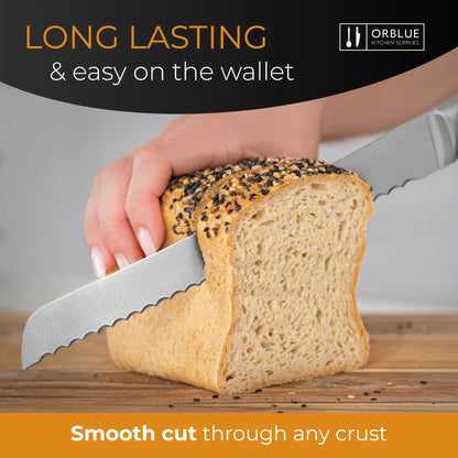 Orblue Serrated Bread Knife with 10-inch Upgraded Stainless Steel Razor Sharp Wavy Edge Width - Bread Cutter Ideal for Slicing Homemade Bagels and Cake, Orange