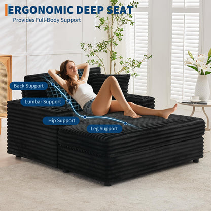 Garvee 60" Oversized Chaise Lounge Chair Indoor, Corduroy Upholstered Sleeper Sofa Bed w/Cup Holder & Charging Port, Cloud Couch Sofa Chair w/Throw Pillows & Wide Arms for Living Room, Bedroom,Black