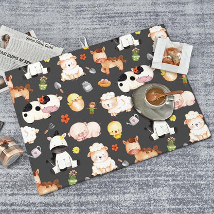 Farm Animal Dish Drying Mat for Kitchen Counter, Cute Microfiber Absorbent Reversible Drainer Rack Pad, 18 x 24 Inch
