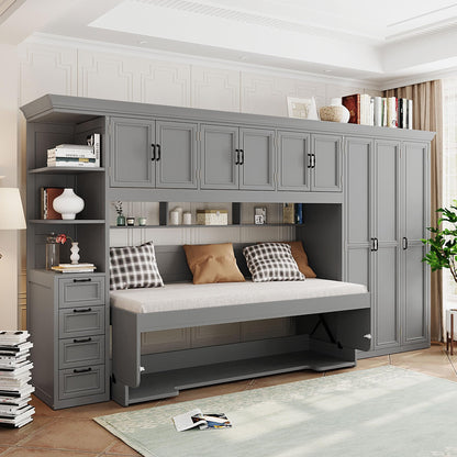 Merax Twin Size Murphy Bed with Desk, Multifunctional Wood Foldable Wall Bed with Wardrobe, Drawers and Cabinet, Space-Saving Hidden Bed for Guest Room Office, No Box Spring Needed, Grey