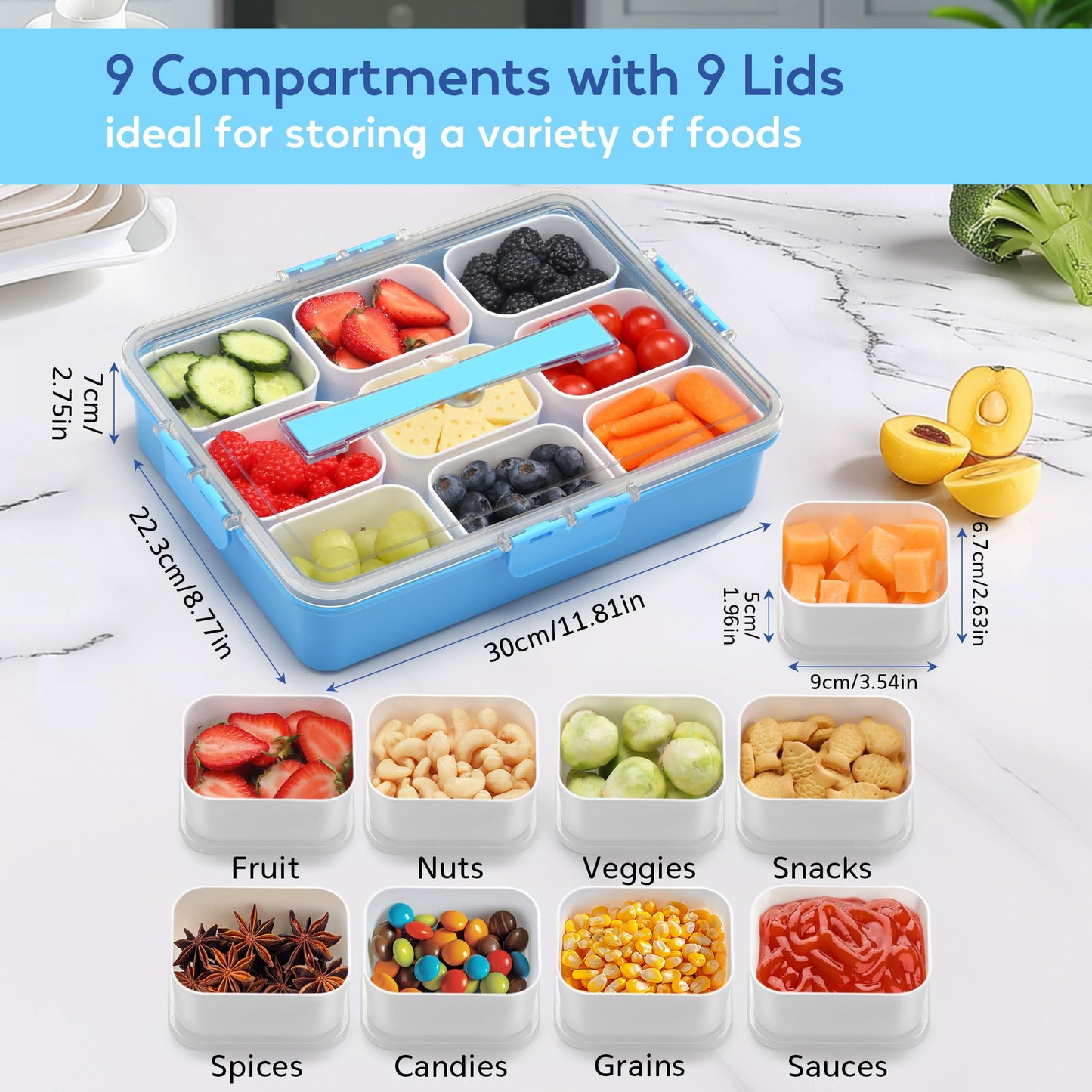 Snackle Box Container for Adults with 9 Compartment, Divided Serving Tray Snack Box Containers with Lid and Handle, Charcuterie Boxes Portable Snack Platter for Fruit Veggie Party Travel, Blue