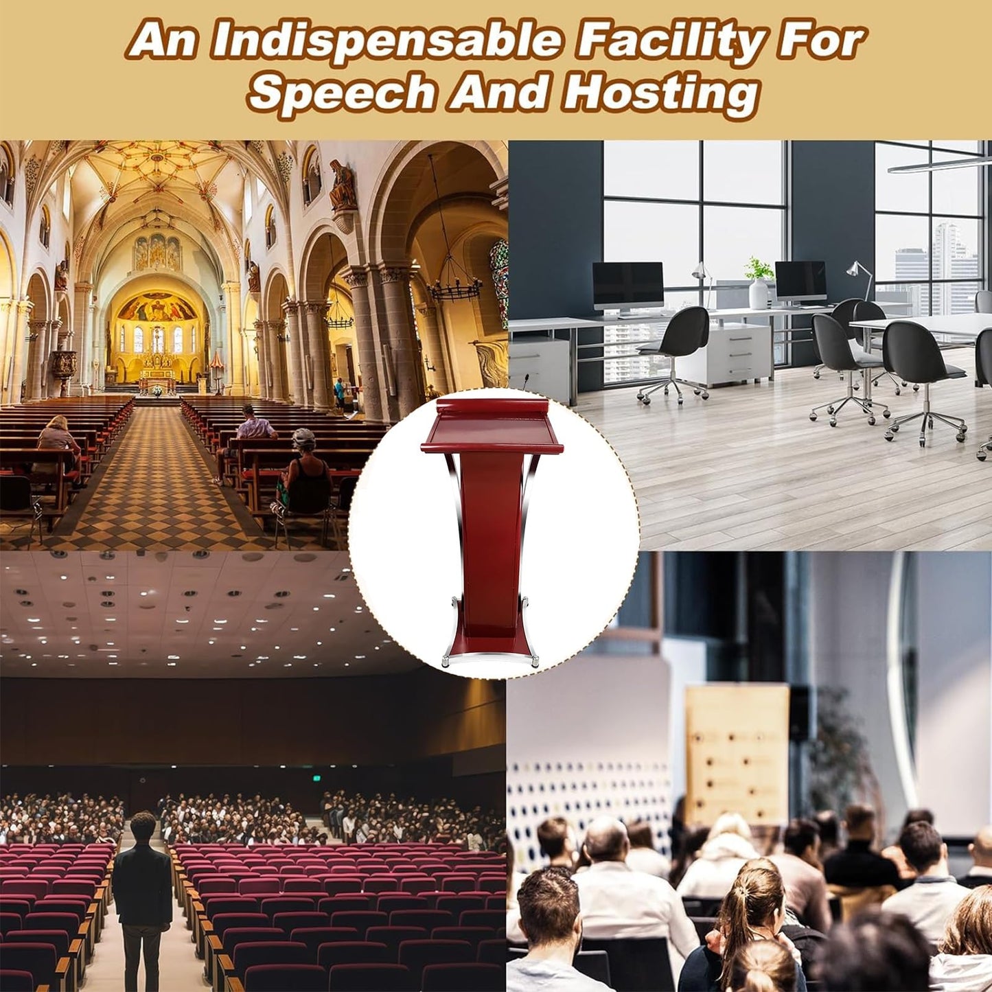 Curved Metal Podium, Brown Stand up Church Pulpit, Stainless Steel Conference Lectern for Office Stage Studio