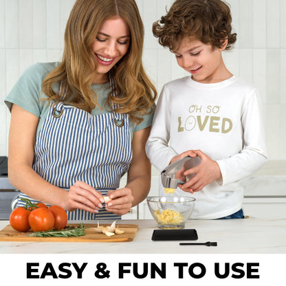 Zulay Kitchen Premium Garlic Press Set – Rust Proof & Dishwasher Safe Garlic Mincer Tool with Silicone Garlic Peeler & Brush, Easy Squeeze & Clean, Ergonomic Soft Grip Handle - Medium – Silver