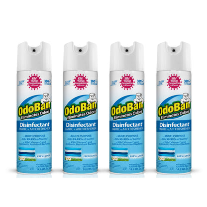 OdoBan Ready-to-Use 360-Degree Continuous Spray Disinfectant and Harsh Aroma Eliminator, Fabric and Air Freshener, 4 Pack, 14.6 Ounces Each, Fresh Linen Scent