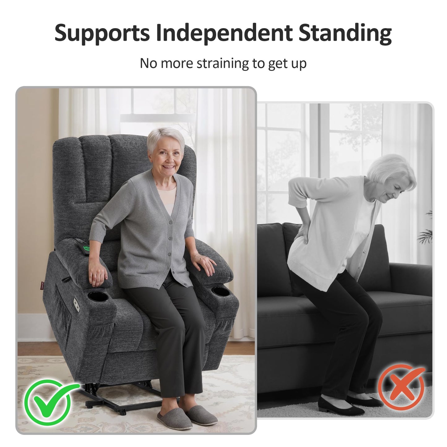 MCombo Power Lift Recliner Chair for Elderly, Lift Chair with Heat and Massage, USB &Type C Ports, Cup Holders, Fabric 7095 (Medium, Dark Grey)