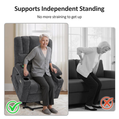 MCombo Power Lift Recliner Chair for Elderly, Lift Chair with Heat and Massage, USB &Type C Ports, Cup Holders, Fabric 7095 (Medium, Dark Grey)