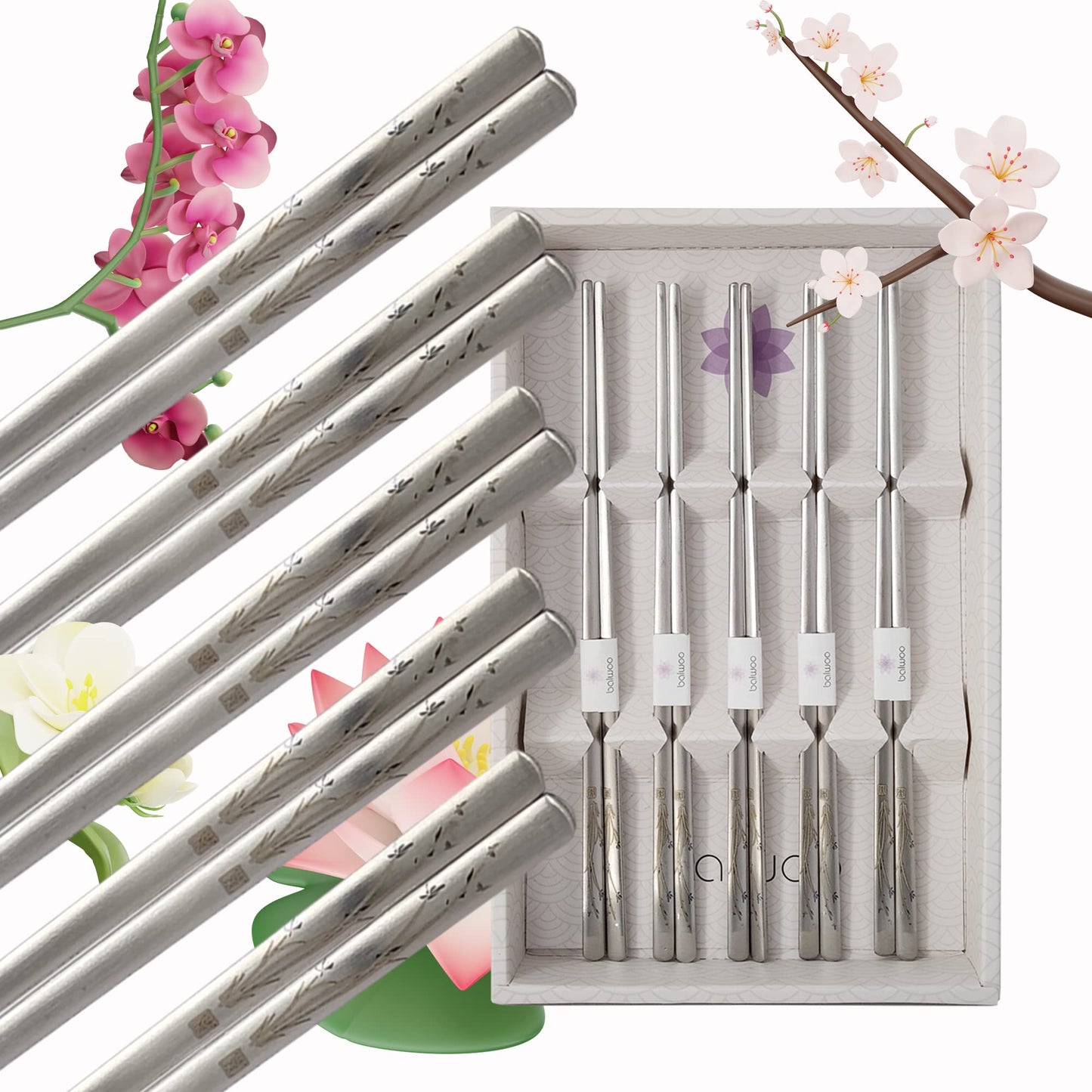 BALWOO Korean Flat Chopsticks [5 Sets][Made in Korea] 304 Premium Stainless Steel Mukbang Utensil Cutlery Silverware Metal Chopsticks (Orchid Painting)