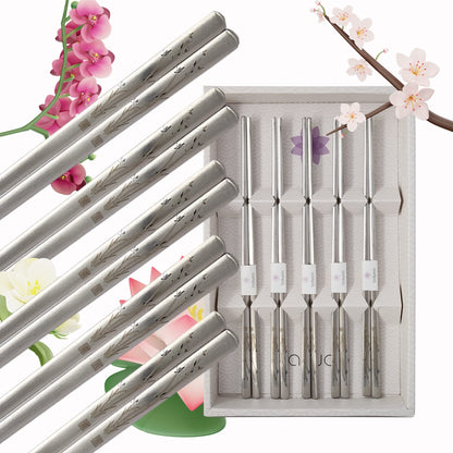 BALWOO Korean Flat Chopsticks [5 Sets][Made in Korea] 304 Premium Stainless Steel Mukbang Utensil Cutlery Silverware Metal Chopsticks (Orchid Painting)