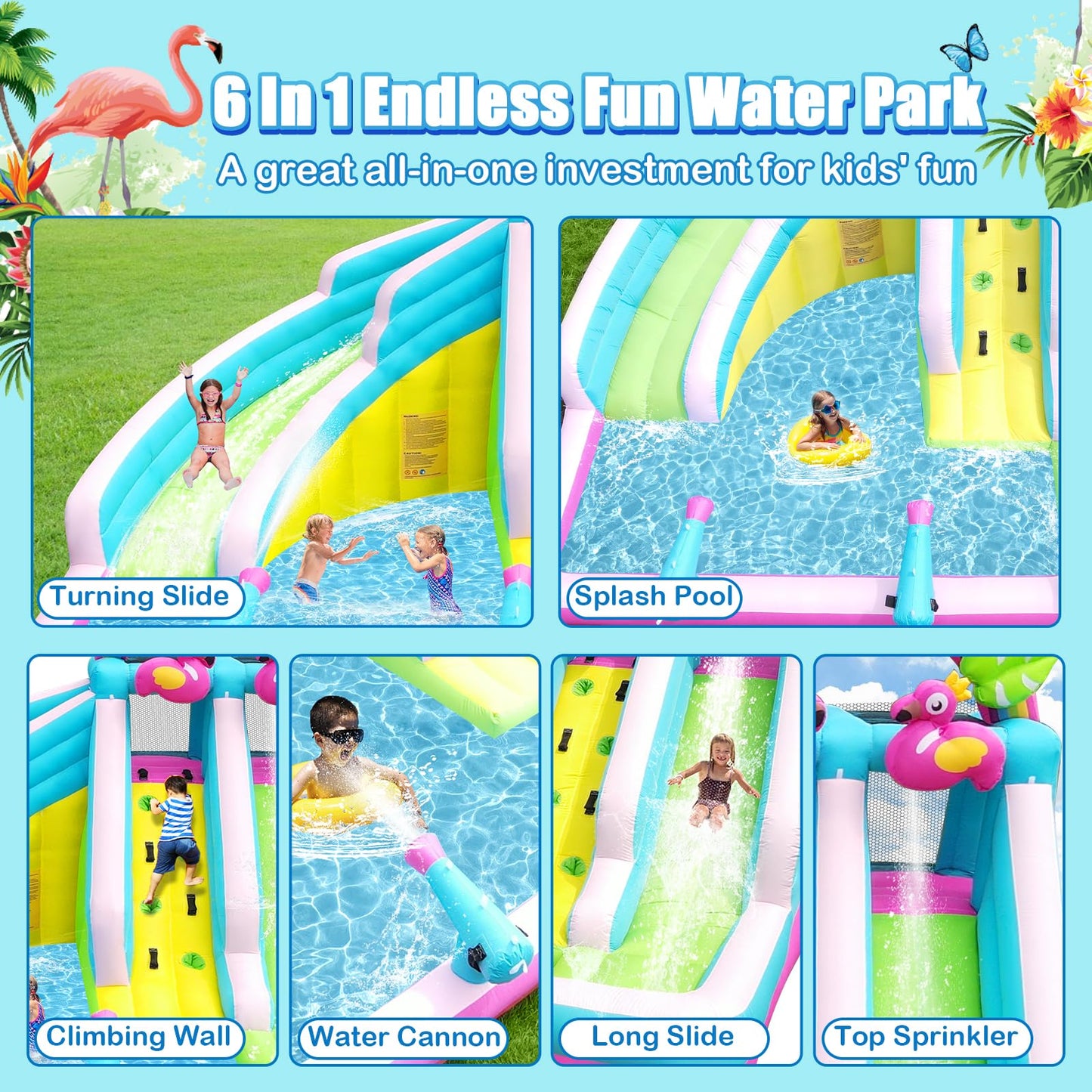 Inflatable Water Slide, 6 in 1 Blow Up Water Park Aged 3-10, Flamingo Style Water Bounce House with Double Long Slides, Splash Pool, 580W Blower Waterslide for Kids and Adults Backyard