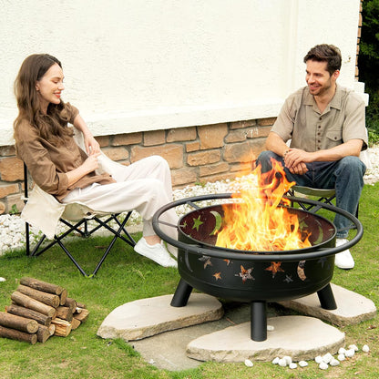Skiennix 32-Inch Round Fire Pit - Metal Wood Burning Design with Mesh Cover & Poker | Outdoor Patio & Garden Decor