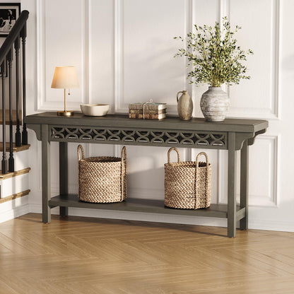 LITTLE TREE 70.87-Inch Long Console, Solid Wood Farmhouse Narrow Entryway Table with Shelf, Rustic Sofa Table for Living Room, Hallway, Dark Grey