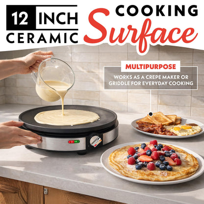 Gourmia 12” Crepe Maker – Nonstick Electric Griddle for Pancakes, Omelets & More, Precise Temp Control with Indicator Lights, Includes Spatula & Batter Spreader, Quick Cleanup, Stainless Steel Trim