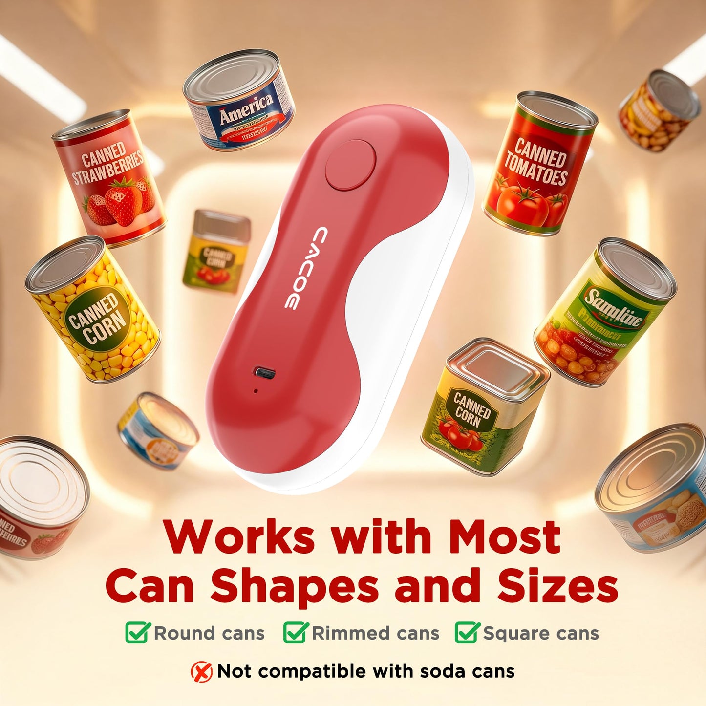 CACOE Automatic Smart Electric Can Opener with Auto Stop & USB-C Charging - Cordless Can Opener for Elderly and Arthritic Users for Seniors & Arthritis, Effortless One-Touch Open (red)