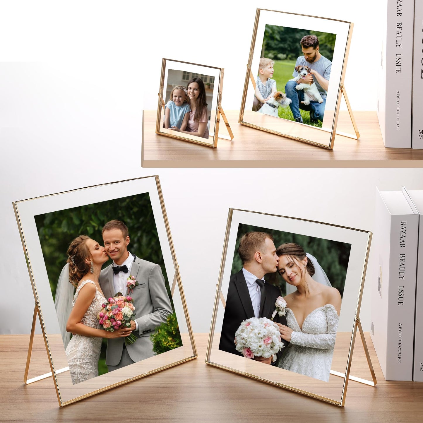 Classura Gold 5x5'' Square Floating Frame Set of 2,For Photo Sizes (3x3''& 4x4''),Beautiful Metal Beaded Edge Frames Adjustable Tabletop/Shelf Photo Frame,Classy Gift Choice for Wedding,Chrismas