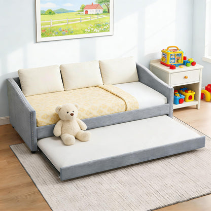 FAVSH Upholstered Daybed with Trundle, Twin Size Day Bed w/Button-Tufted Back and Piping on Waved-Shape Arms for Bedroom or Guest Room, No Box Spring Required, Light Gray