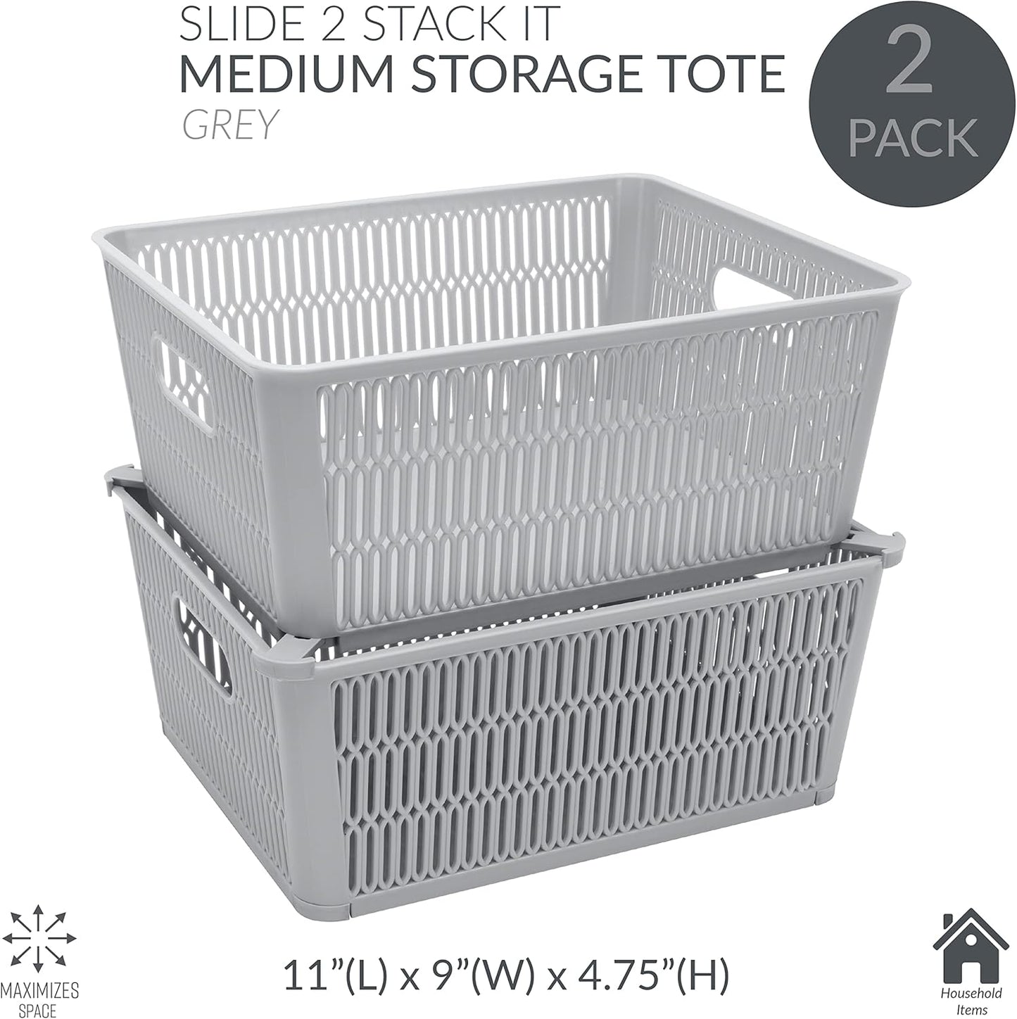 Simplify 2Pk Large Slide Stack It Tote Basket, Open Bins for Storage & Organization, Bathroom, Crafts, Office (Grey)