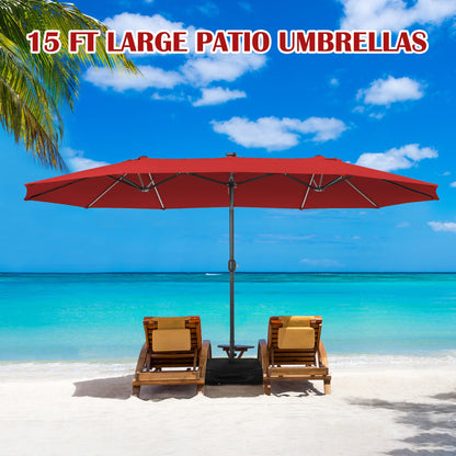 Sundale Outdoor Solar 15 ft 144 LED Olefin 5-Year-Non-Fading Patio Umbrella with Sandbag Base Included and Cover, Outdoor Double-Sided Umbrella with Lights, Red