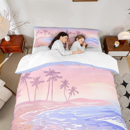 Homewish Girls Pink Beach Duvet Cover Set Full Size Kids Romantic Hawaii Ocean Style Bedding Set 3pcs Teens Lover Room Decor Palm Trees Sky View Comforter Cover Girly Summer Quilt Cover,2 Pillowcases