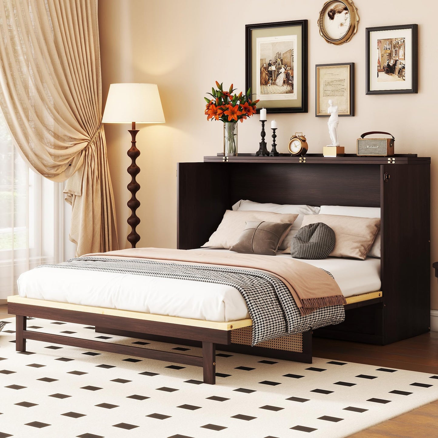 Ball & Cast Hideaway Cabinet Bed Queen Size,Wood Rattan Murphy Bedframe with Storage Drawer,Wall Platform can be Folded up,Space-Efficient Design,for Apartment,Bedroom,Espresso