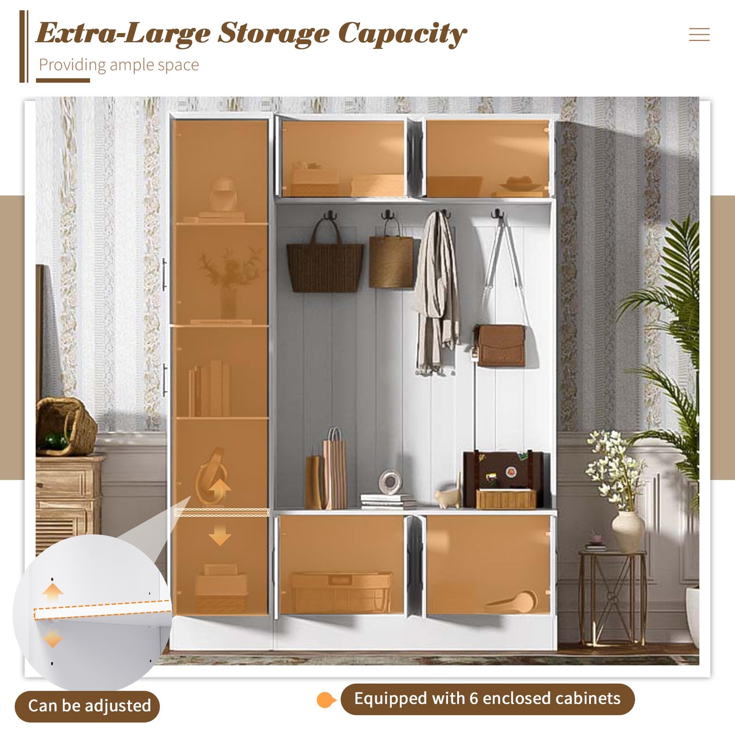 Merax Farmhouse Wood Hall Tree with Shoe Bench & 6 Cabinets, 4-in-1 Coat Rack with 4 Hooks & Adjustable Shelves, Entryway Storage Organizer Cabinet for Entrance, Hallway, Mudroom White