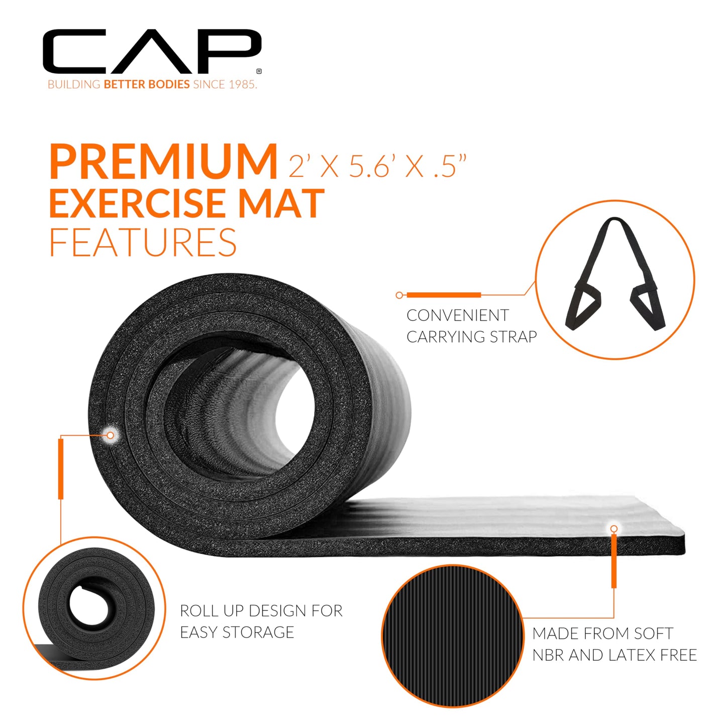 CAP Barbell High Density Exercise Mat with strap, 68"x24" 12mm (Black)