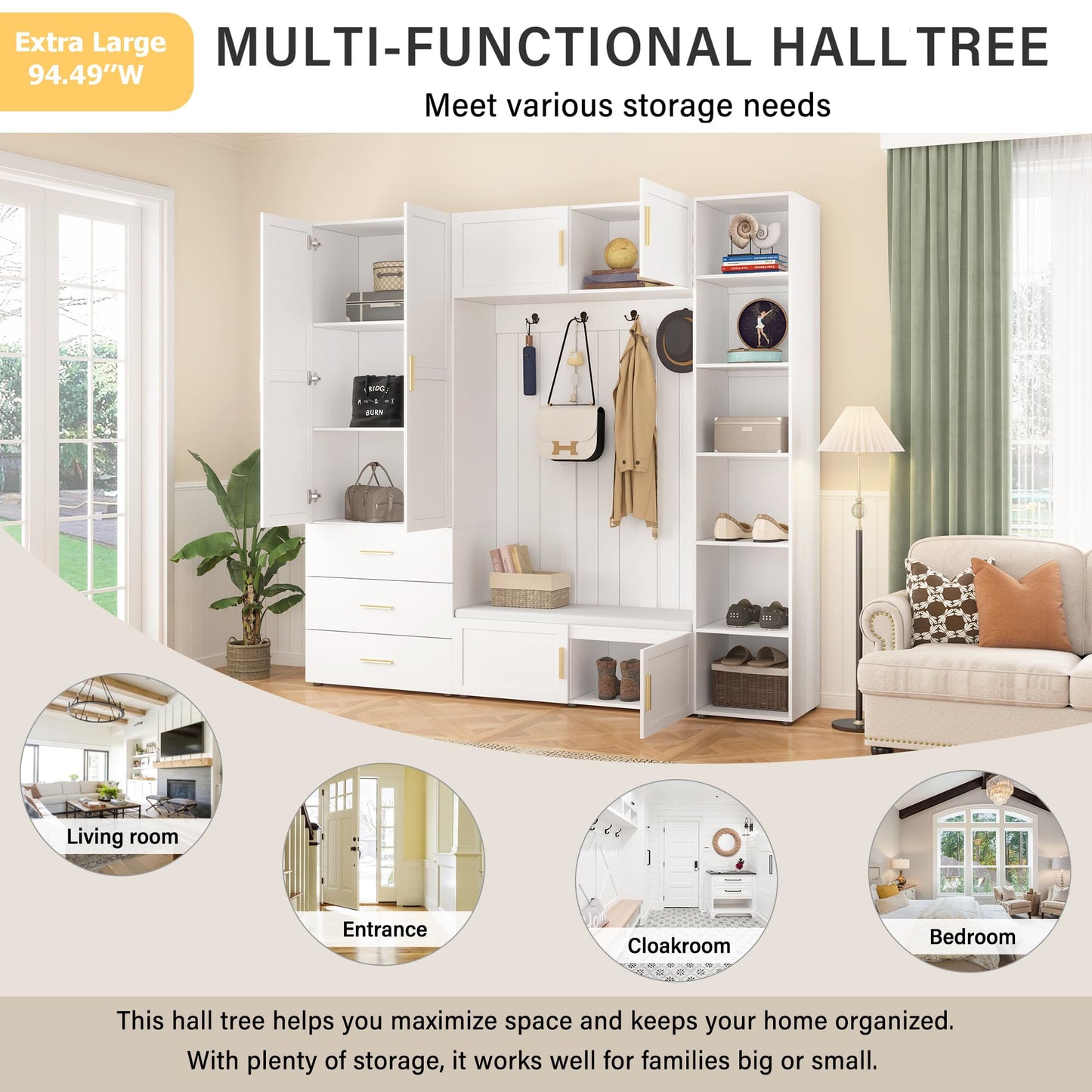 Amposei 94.49’’W Extra Large Hall Tree Cabinet with 6 Doors & 3 Drawers, Tall Entryway Organizer Shoe Storage Bench with 4 Coat Hooks & 6 Open Cubbies for Hallway Mudroom Living Room, White