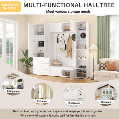 Amposei 94.49’’W Extra Large Hall Tree Cabinet with 6 Doors & 3 Drawers, Tall Entryway Organizer Shoe Storage Bench with 4 Coat Hooks & 6 Open Cubbies for Hallway Mudroom Living Room, White
