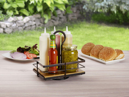 Gourmet Basics by Mikasa Nova Rotating Condiment Caddy, Handcrafted Iron and Acacia Wood Table Organizer with Spinning Platform and Carrying Handle, Contemporary Black Finish, 8.75 x 7 x 9.25 Inches
