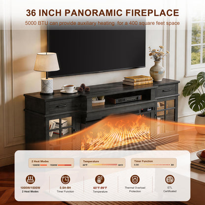 MXV 70" Fireplace TV Stand, 3-Sided Glass Fireplace and Modern Entertainment Center, Wooden Media Console with Glass Doors & Storage Drawers, LED Light, for Living Room, Black