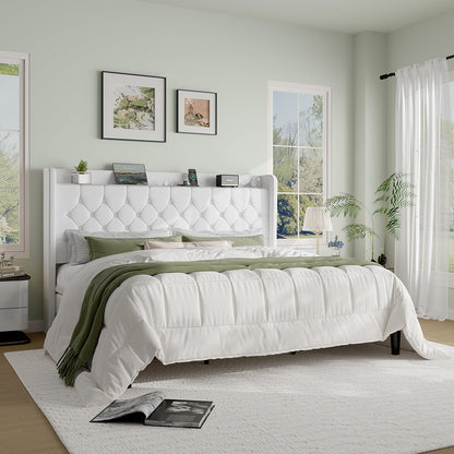SHA CERLIN King Size Platform Bed Frame with Charging Station, Velvet Wingback Headboard with Storage Shelf, Wooden Slats Support, Ample Under-Bed Space, No Box Spring Needed, Easy Assembly, White