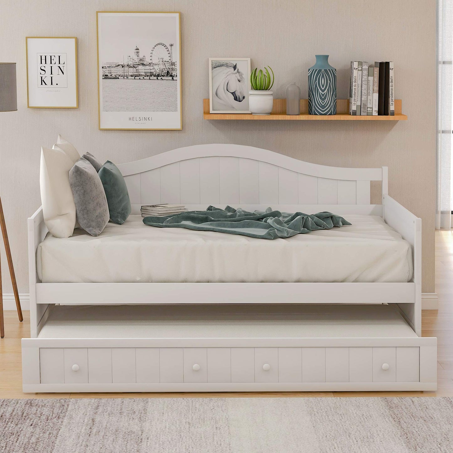 Merax Classic Wood Daybed with Trundle Sofa Bed for Bedroom Living Room,No Box Spring Needed White