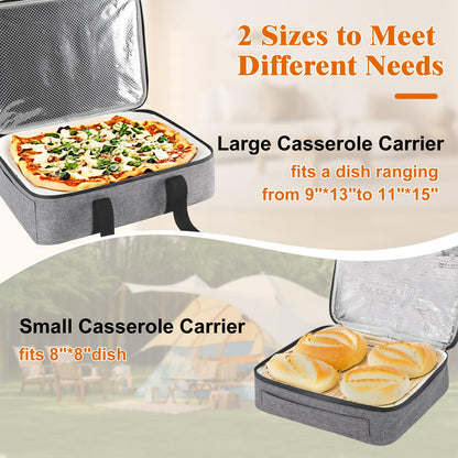 Wakaye Insulated Casserole Carrier for Hot or Cold Food, Fits 8"-15" Baking Dish，Thermal Food Carrier Bag, Lasagna Lugger Tote for Potluck Parties/Picnic/Cookouts/Lunch, Grey，2 Pack