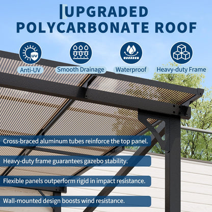 10 x 10 ft Sloped Patio Awning Gazebo, 4-Post Hardtop Pavilion with PC Polycarbonate Roof, Waterproof UV Resistant Outdoor Shade Shelter for Patio, Backyard, Garden and Lawn Activities