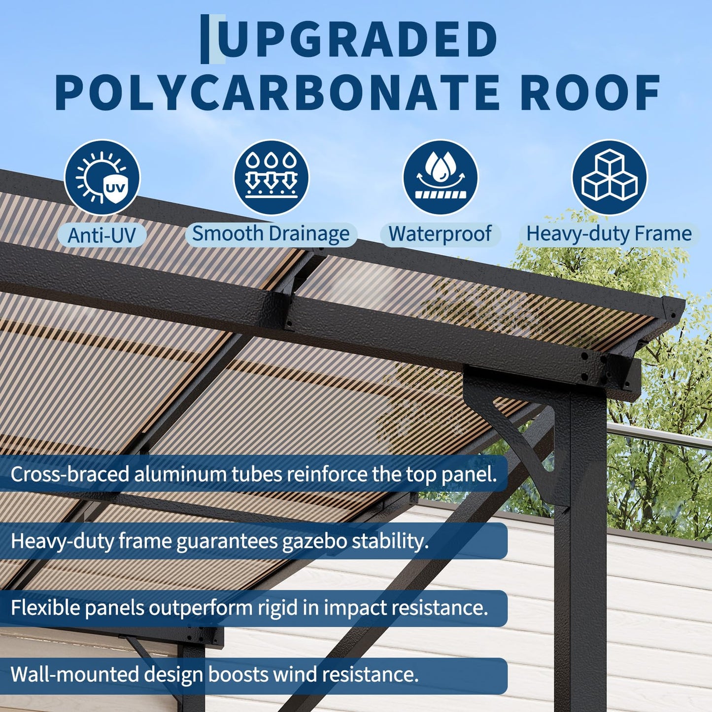 Acekool 10x10 Ft Wall Mounted Gazebo Pergola, Outdoor Lean to Gazebo Hardtop with Polycarbonate Roof, Upgraded Steel Frame Hardtop Pavilion for Patio, Garden, Lawn, Deck