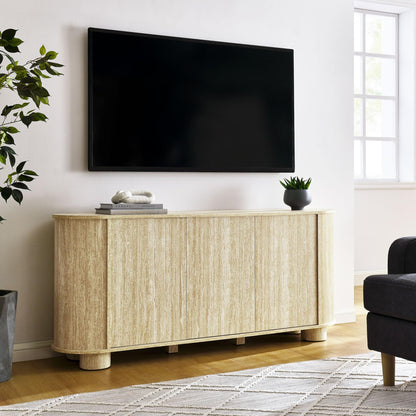 Modway Overture 63 Inch Oval Sideboard in Travertine - Buffet Cabinet with 3 Doors - Media Stand for Wall-Mounted TVs - Rounded Side Cabinet Console for Dining Room, Living Room, Hallway