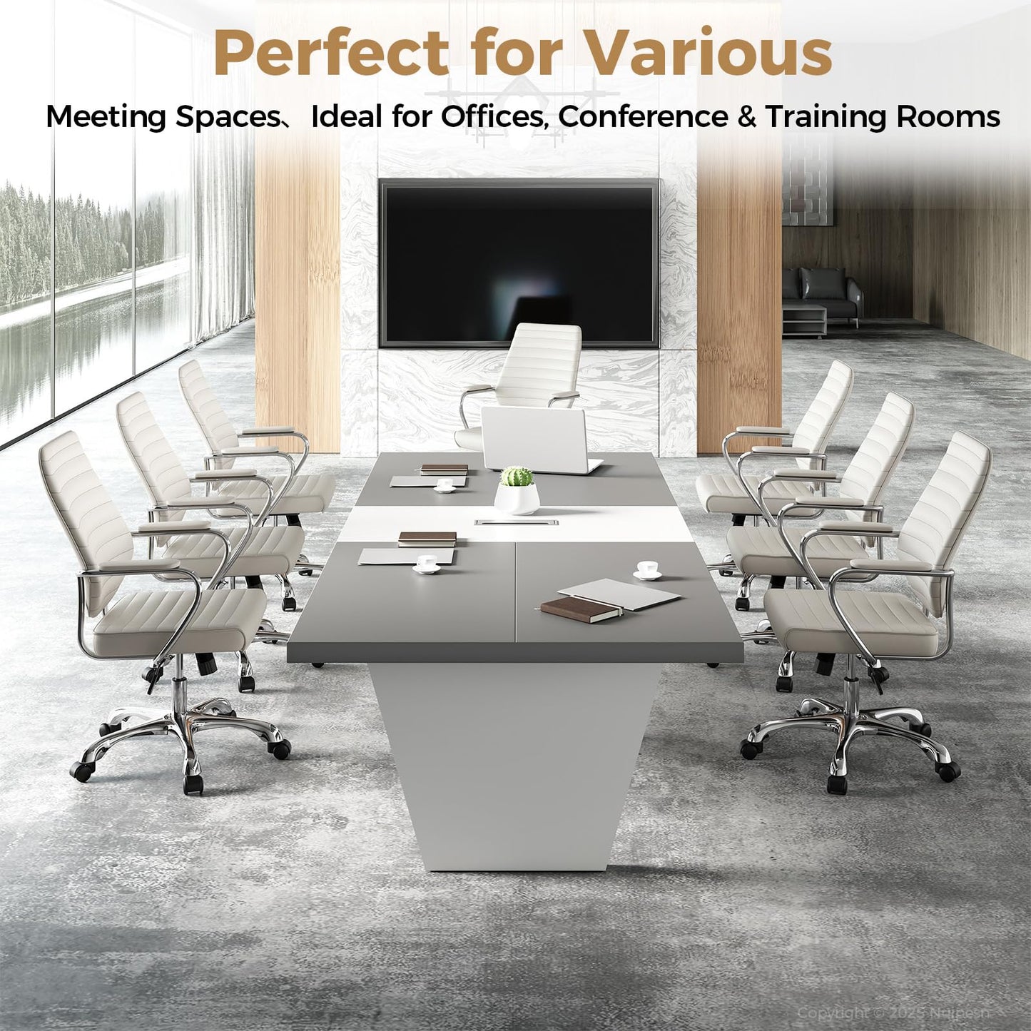 Nuipesn 10-ft Rectangular Conference Table, 119" Modern Boardroom Table for 10-12 People, 2" Thick Top with Center Cable Grommet, Two-Tone Dark Gray & White