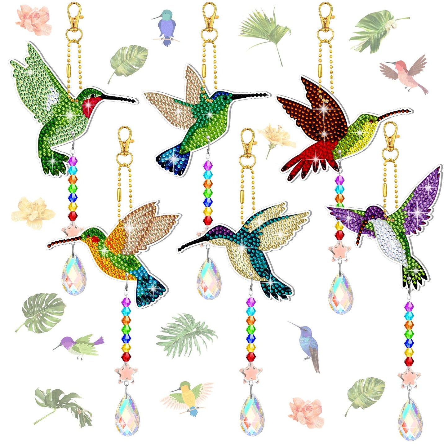 Tradder 6 Pcs Diamond Art Painting Hummingbird Wind Chimes Birds Art Kits for Adults 2026 Vacation Bible School Jungle Birds Craft Summer Suncatchers 5d DIY with Pendant for Home Window Decor Garden