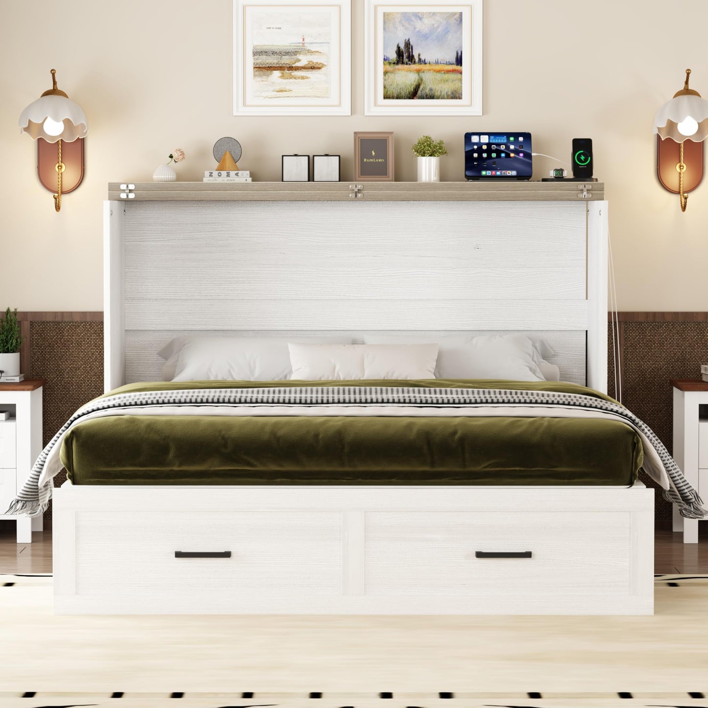 Merax Modern Farmhouse Solid Wood Murphy Cabinet Bed with Charging Station, Foldable Wall Platform Bed with Storage Drawer/No Box Spring Needed/Easy Assemble/Full, White
