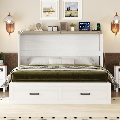 Merax Modern Farmhouse Solid Wood Murphy Cabinet Bed with Charging Station, Foldable Wall Platform Bed with Storage Drawer/No Box Spring Needed/Easy Assemble/Full, White