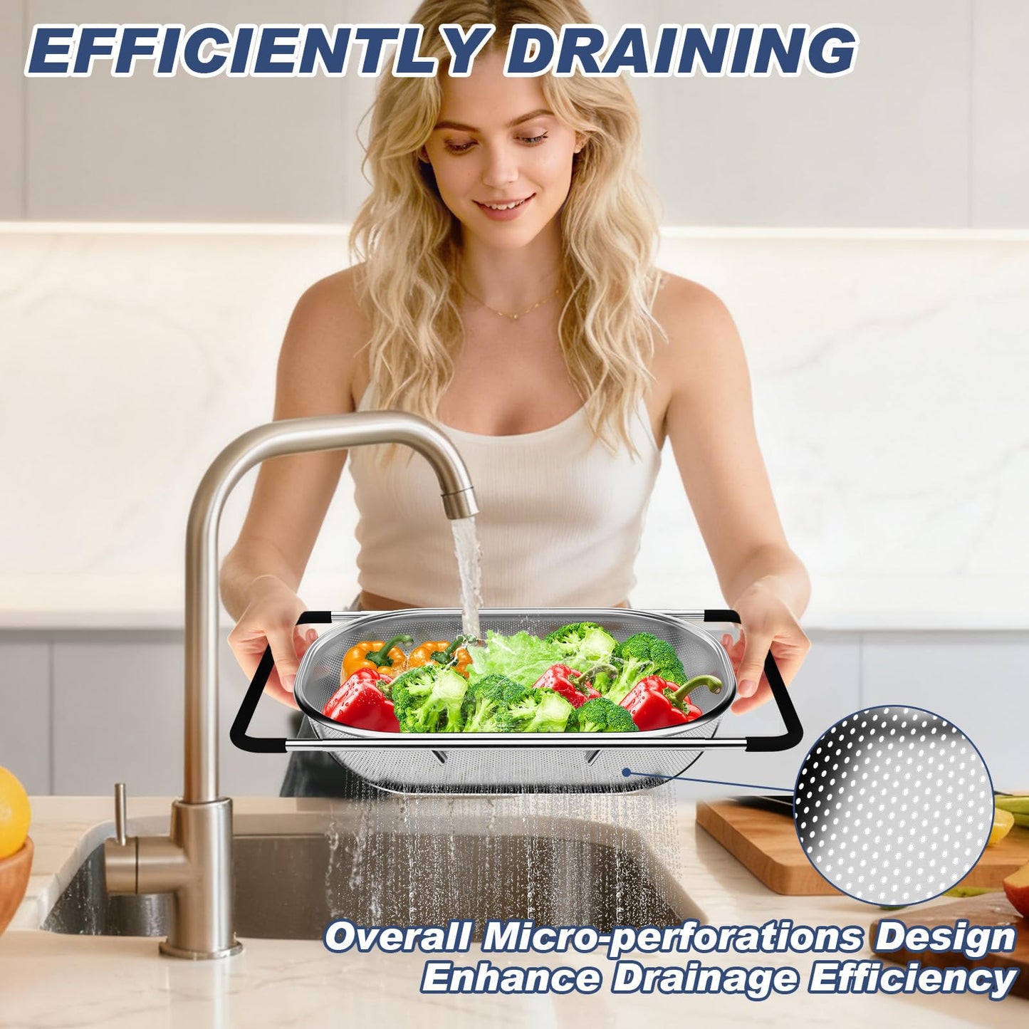 Over the Sink Colander, Expandable Strainers and Colanders with Fine Mesh, Colander for Kitchen with Rubber Grip for Draining Pasta, Vegetables and Fruits - Essential Kitchen Sink Strainer