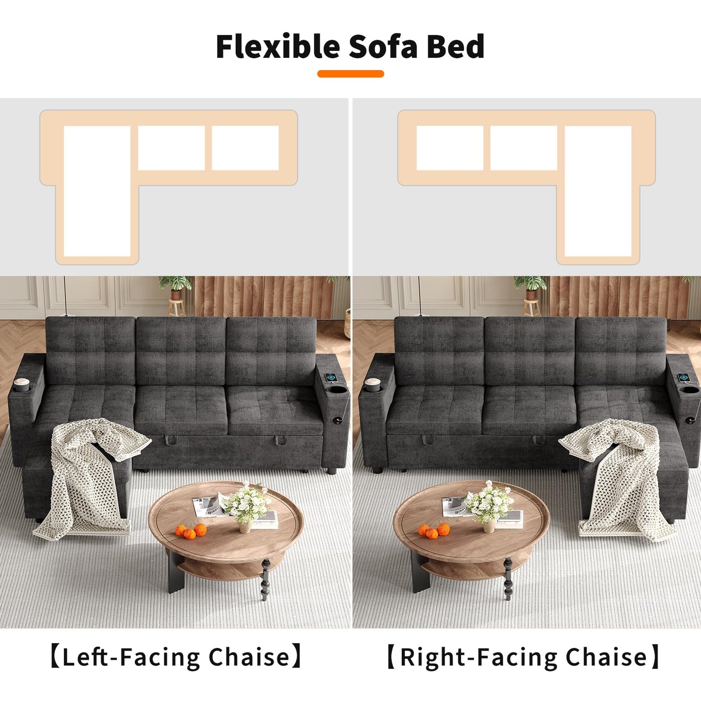 GarveeLife Couches for Living Room, 84'' L-Shaped Sectional Sleeper Sofa with Pull Out Bed, Comfy Sofa Bed with Charging Ports and Storage Armrests, Dark Grey