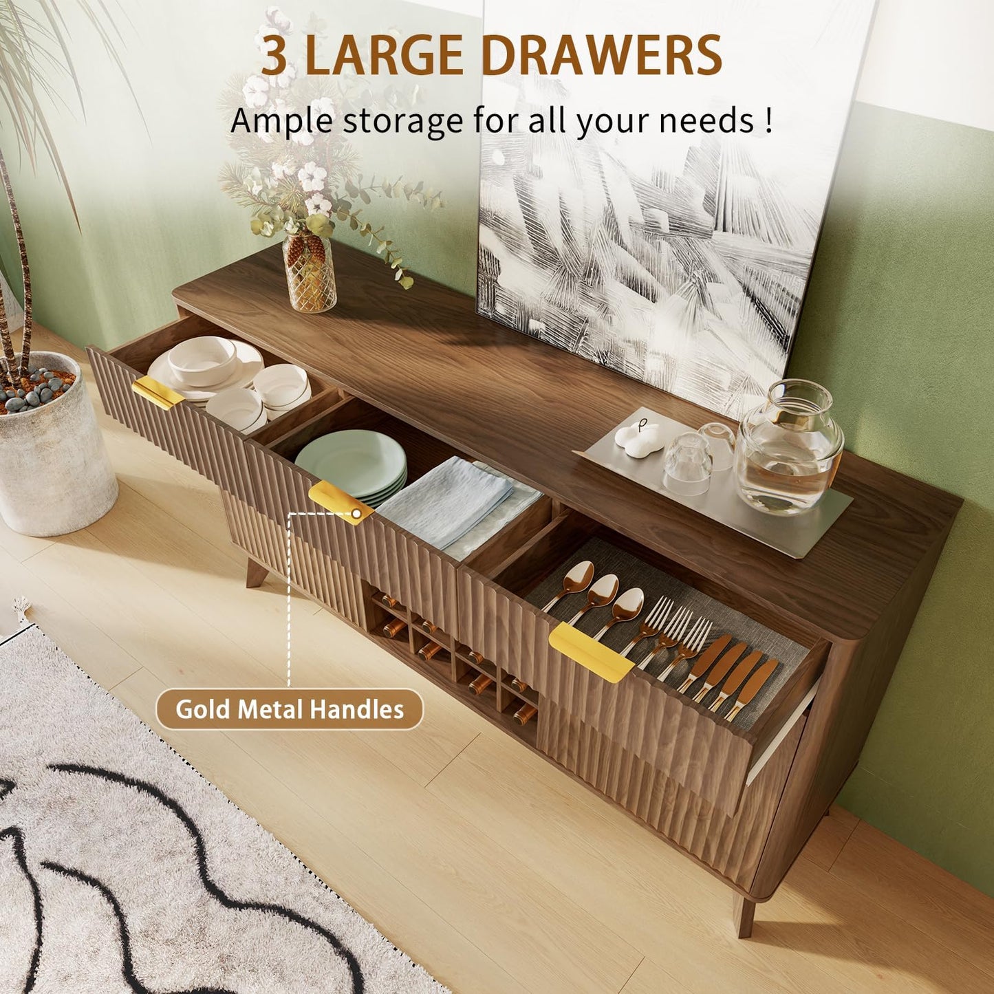 60" Wide Fluted Wine Bar Cabinet with Storage, Modern Buffet Sideboard with 2 Side Cabinets, 3 Drawers, Liquor Rack and Glass Holder, Adjustable Shelves, Alcohol Indoor Bars for Kitchen, Living Room
